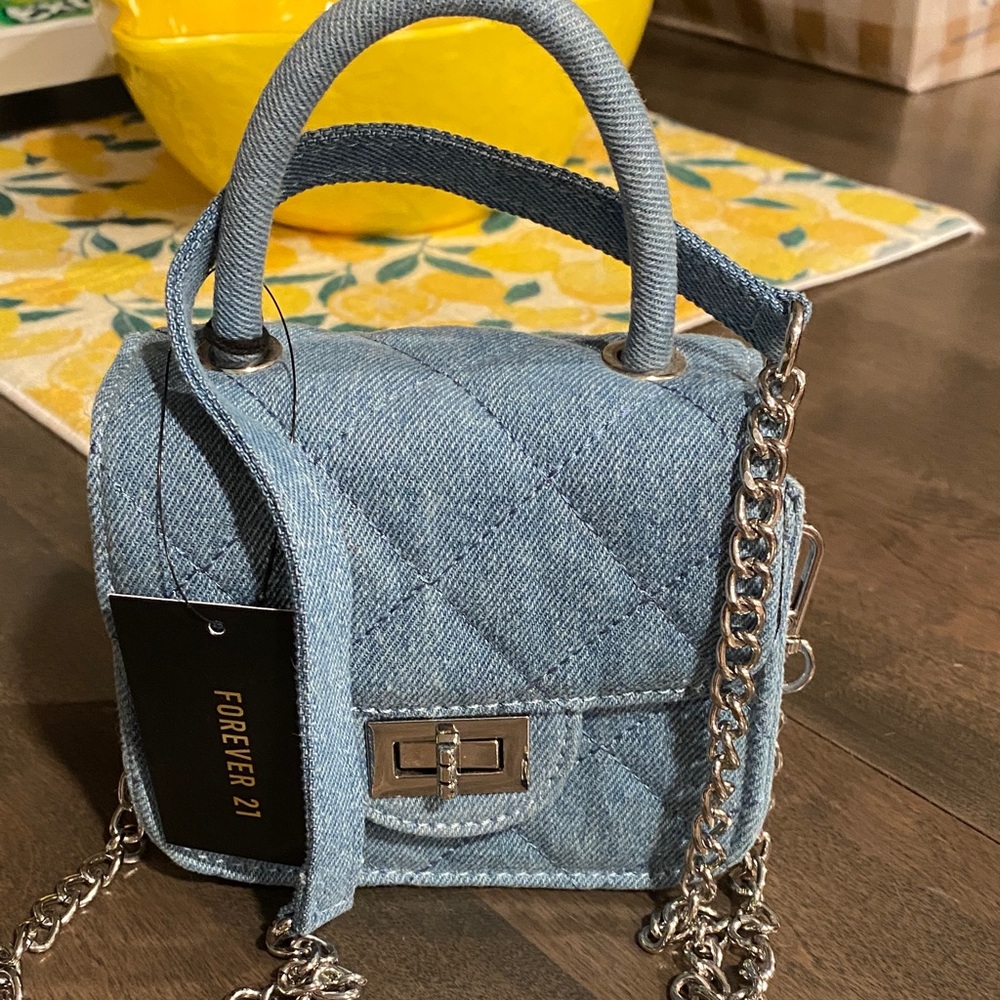 Forever 21 Light Blue Quilted Denim Mini Top-Handle Crossbody